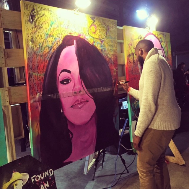 Nobodyyy works on Young & Ambitious painting of Aaliyah at the Dallas Observer's Artopia 2016 (Image by LoudPen)