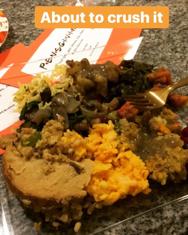  Tofurky, Vegan Dressing, Mac n Cheese, Sauteed Spinach, Baked Potatoes (Recipes & food by LoudPen; Image by Taylor Mosley)