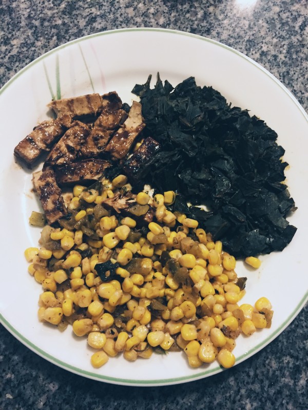 Vegan Jamaican Jerk Chicken with Collard Greens, Corn, Green Chiles, and Jalapenos (Recipe & photo by LoudPen)