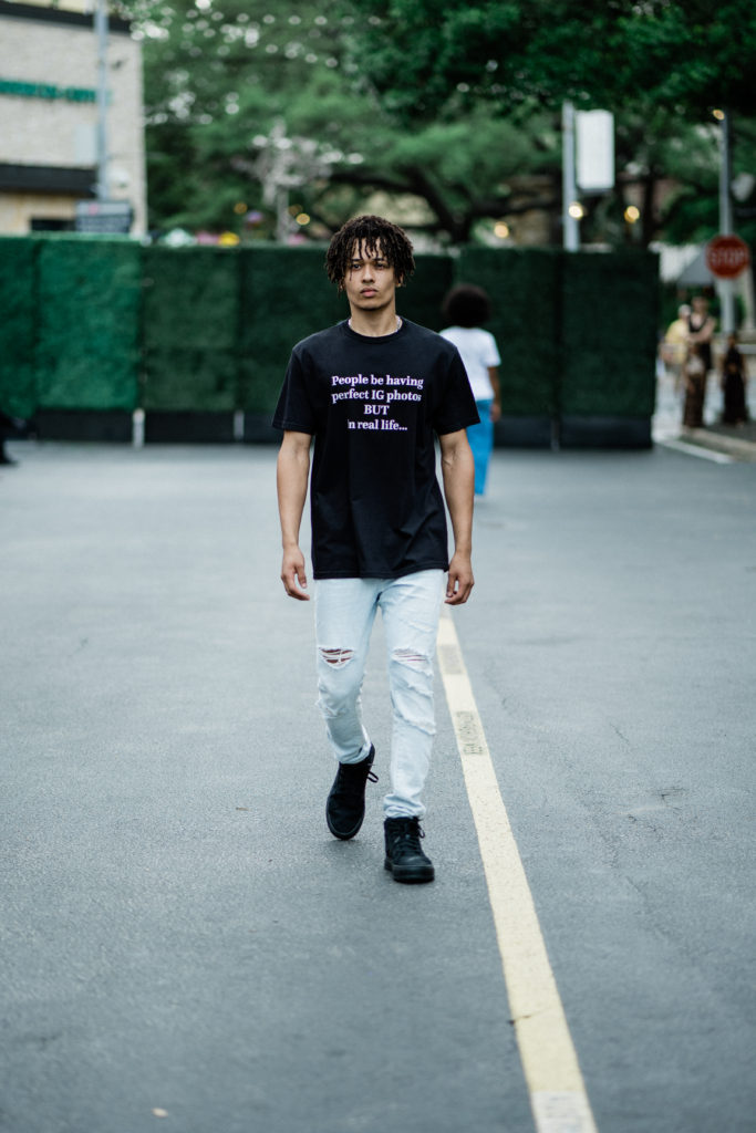 Marcus Bradshaw in Pennies & Pens Spring/Summer 2022 at Austin Fashion Week. Image by Todd White