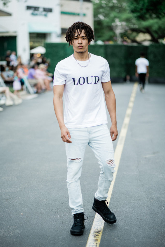 Marcus Bradshaw in Pennies & Pens Spring/Summer 2022 at Austin Fashion Week. Image by Todd White